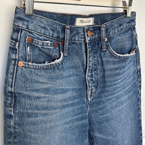Madewell Petite Classic Straight Leg Jeans Jade Wash Knee-Rip Edition size 26 - Picture 7 of 16